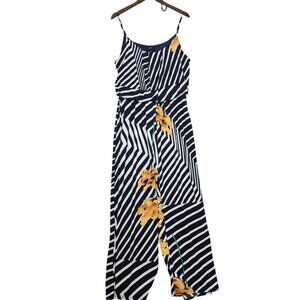 Naif Womens Large Black/White Striped Jumpsuit With Yellow Floral Pattern